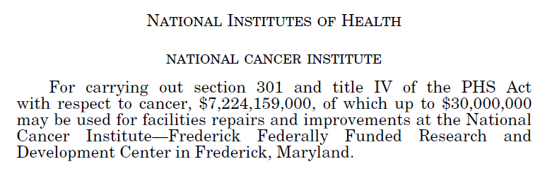 Screenshot of FY2024 Appropriations text for National Institutes of Health