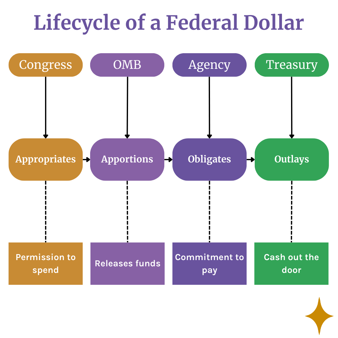 Diagram showing lifecycle of federal spending: appropriation to apportionment to obligation to outlay