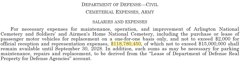 Screenshot of Cemeterial Expenses, Army-Salaries and Expenses appropriation from P.L 119-37.