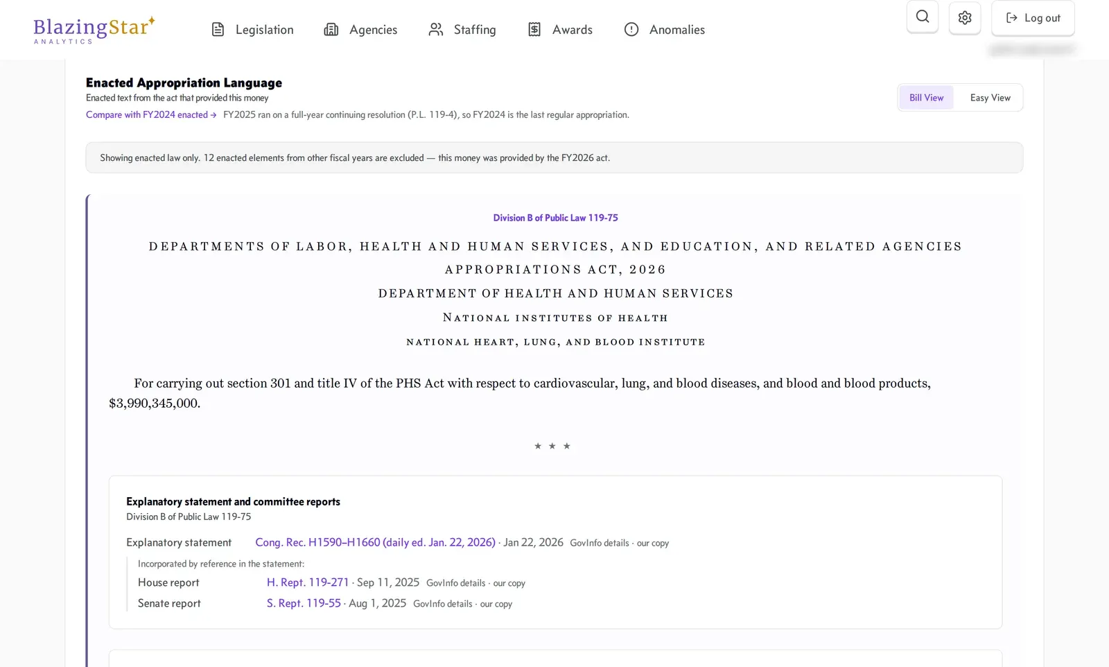 The account's Appropriation tab, showing enacted law only. Under Division B of Public Law 119-75, the Departments of Labor, Health and Human Services, and Education Appropriations Act, 2026, the National Heart, Lung, and Blood Institute clause reads: "For carrying out section 301 and title IV of the PHS Act with respect to cardiovascular, lung, and blood diseases, and blood and blood products, $3,990,345,000." A panel below links the explanatory statement and the House and Senate committee reports.