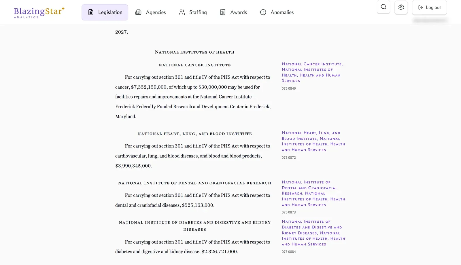 The Legislation reader showing enacted appropriations text for the National Institutes of Health. Each institute's clause appears with its dollar amount and a link to its account in the margin: National Cancer Institute $7,352,159,000, National Heart, Lung, and Blood Institute $3,990,345,000, National Institute of Dental and Craniofacial Research $525,163,000, and National Institute of Diabetes and Digestive and Kidney Diseases $2,326,721,000.