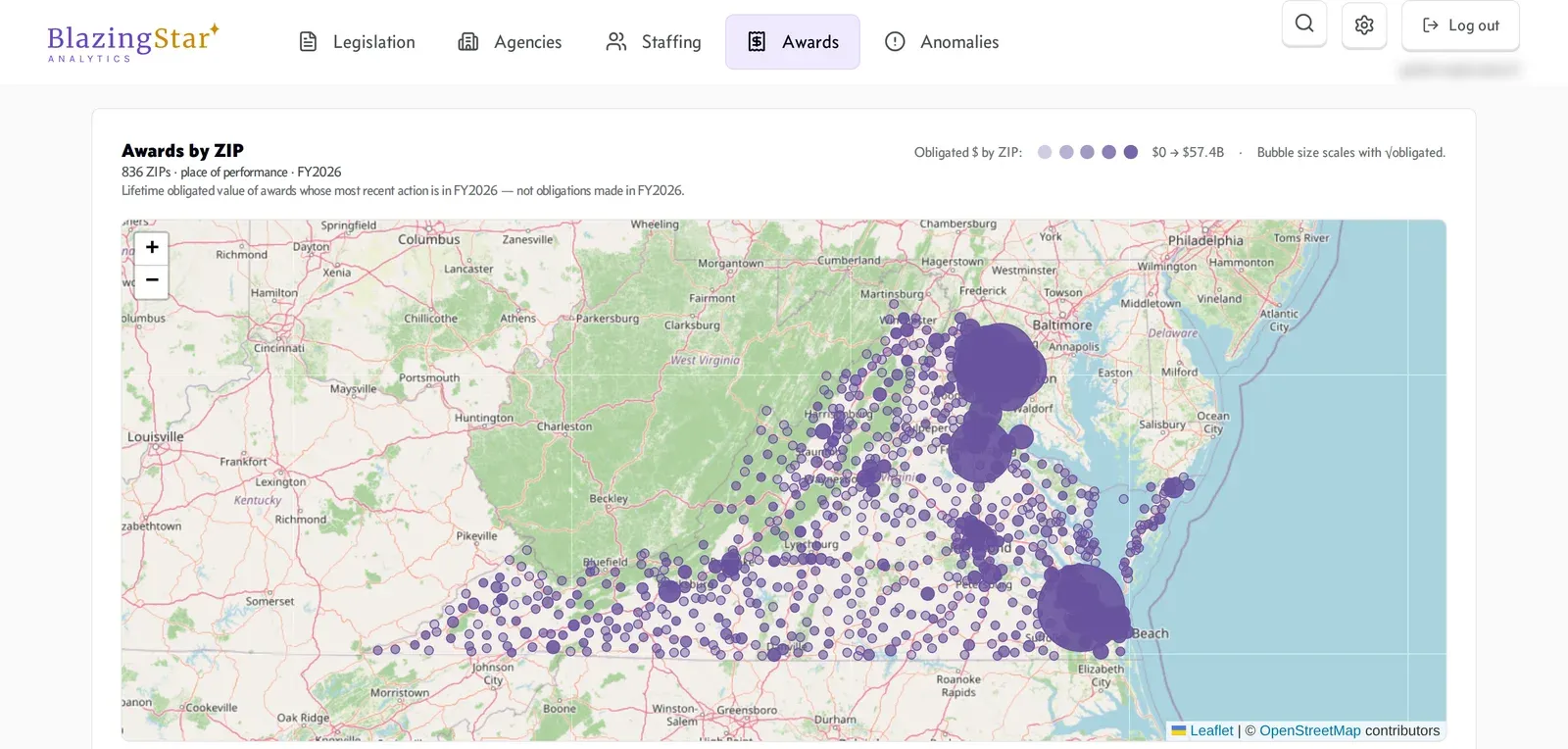A map of Virginia titled "Awards by ZIP," plotting FY2026 obligations across 836 ZIP codes as purple bubbles sized by dollars obligated, densest around the Washington, D.C. suburbs and Hampton Roads.