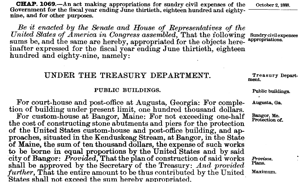 Page from the Sundry Civil Expenses Appropriations Act, 1889 showing bureau header (Under the Treasury Department), account name (Public Buildings), and Provided-That provisos.