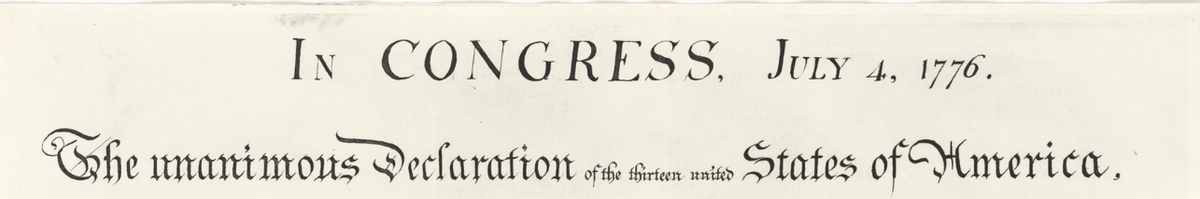 The engraved header of the Declaration of Independence, reading "In Congress, July 4, 1776. The unanimous Declaration of the thirteen united States of America".