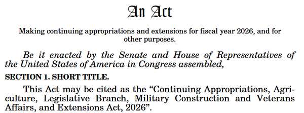 Screenshot of Sec. 1 of the “Continuing Appropriations, Agriculture, Legislative Branch, Military Construction and Veterans Affairs, and Extensions Act, 2026”.