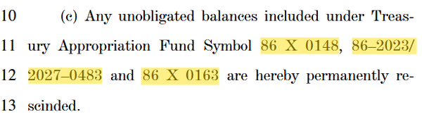 Screenshot of Sec. 249(c) of S. 2465 (119th Congress), with Treasury Appropriations Fund Symbols highlighted.