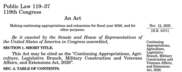 Image of the first lines of the "Continuing Appropriations, Agriculture, Legislative Branch, Military Construction and Veterans Affairs, and Extensions Act, 2026", Public Law 119-37.