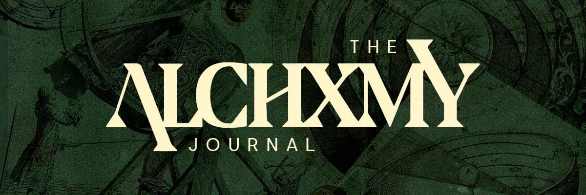 The Alchxmy Journal logo on green background with a collage of vintage scientific illustrations