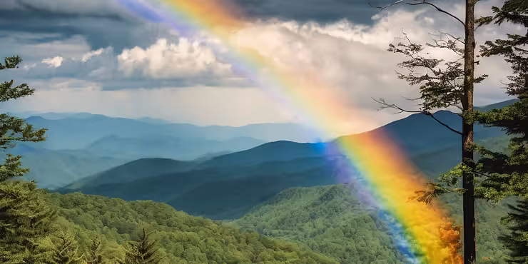 Experience Dollywood with the whole family. Mountains with rainbow.
