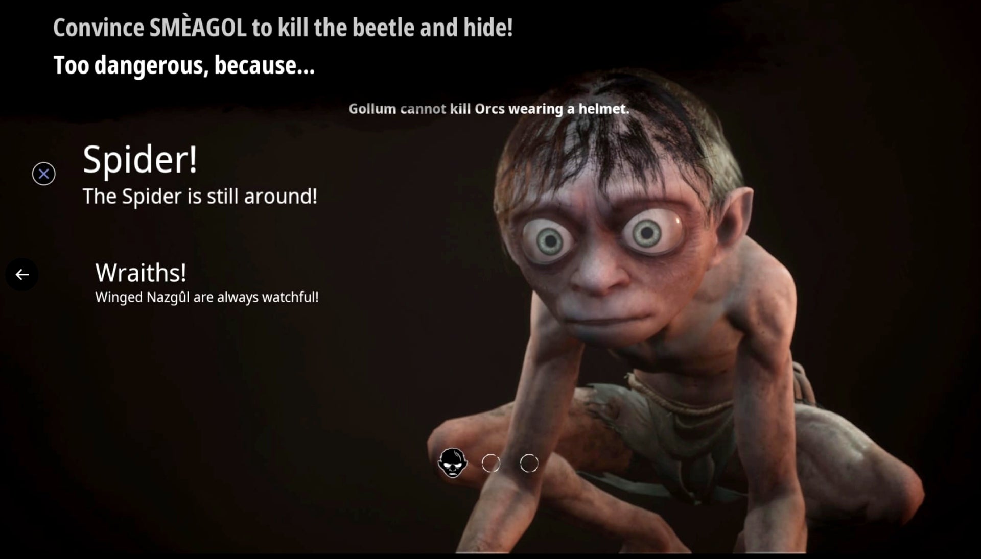 A screenshot from The Lord of the Rings: Gollum, showcasing the bland, modern font used on the left, with a comically cross-eyed 3d rendering of Gollum on the right.
