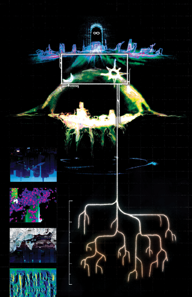 A black background with a faint white grid overlaid on it. On the background is a grainy, scribbly illustration of a blue/pink/green plane, light shining down from it. In the middle of this top plane is a translucent blue arch with an infinity symbol in it. Below is a greenish-yellow grainy dome, with a glowing yellowish blob on it. It has root-like greenish structures coming off the bottom, and a faint blue ripple beneath it. There is a moon and a sun overlaid on the dome, and the space between the top plane and the dome is surrounded with a white box. A line descends from the box to the bottom half of the image, where it splits into a bunch of roots/branches. On the left side of the image starting about halfway down, there are four grainy rectangular images stacked vertically, including an inverted cityscape, some kind of landscape, a picture of some clustered dots that look a bit like cells, and a Mesopotamian seal.