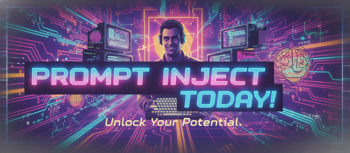 Image of a Prompt Injection Adverstisement with a happy hacker in the background