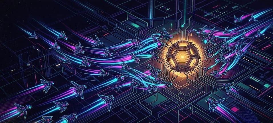 A swarm of digital planes attacking a system “core”