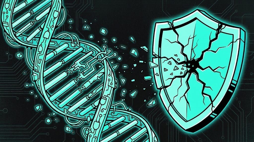 A helix and a shield battling each other for cybersecurity