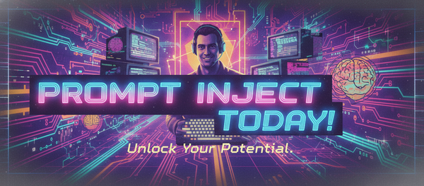Image of a Prompt Injection Adverstisement with a happy hacker in the background