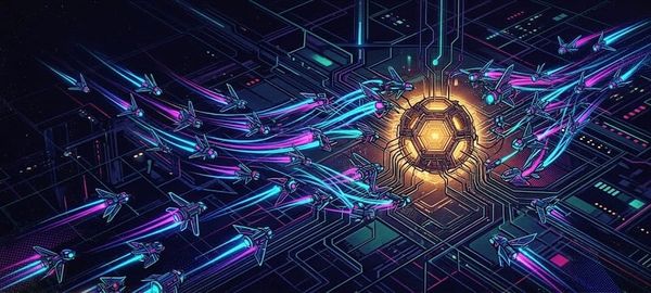 A swarm of digital planes attacking a system “core”