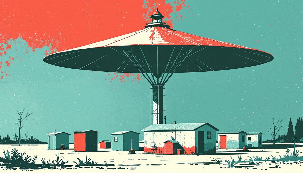 Illustration: one vast canopy on a single column standing over a cluster of small sheds, each with its own roof.