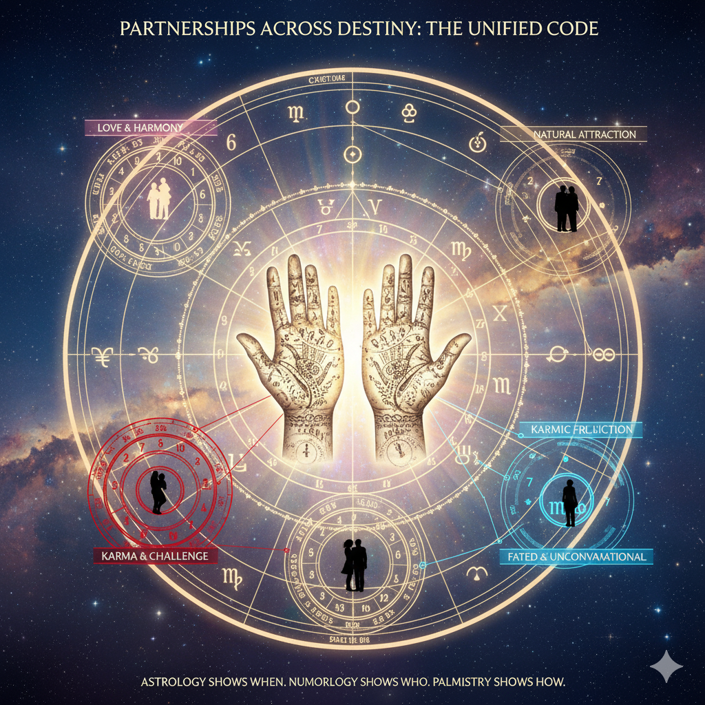 🌌 Partnerships Across Destiny: When Astrology, Numerology & Palmistry Agree