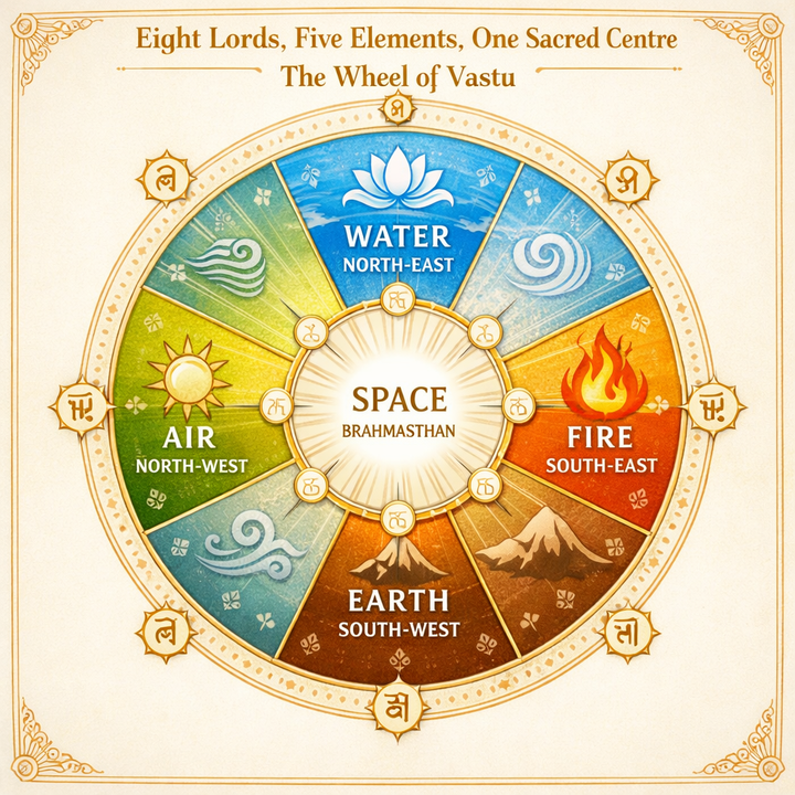 🧭 Eight Lords, Five Elements, One Sacred Centre: The Wheel of Vastu