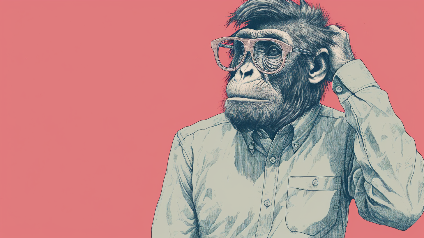 An illustrated confused monkey dressed like a designer thinking about what UX staffing vs UX recruiting is