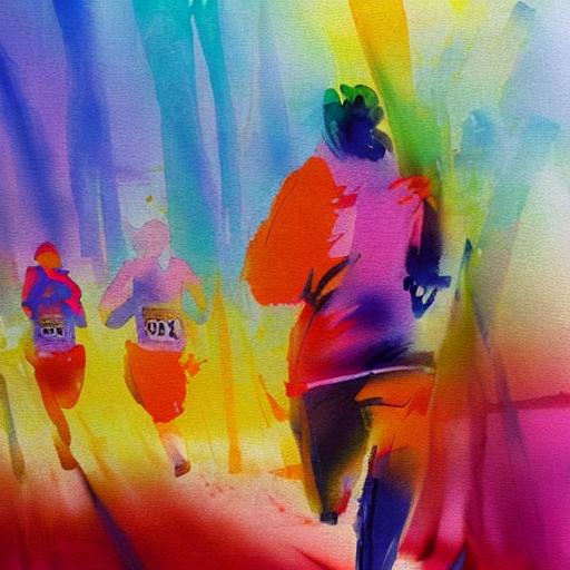 A vibrant watercolour of a running race
