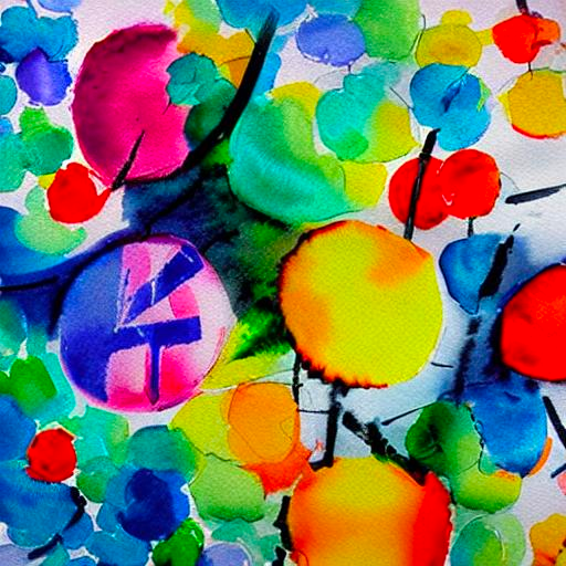 A watercolour of circles and lines spread out randomly. Each are vivid colours.