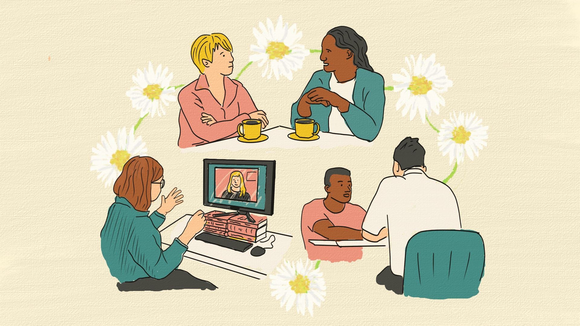 An illustration of people talking in three different settings, linked together by a daisy chain, a metaphor for how peer supervision works