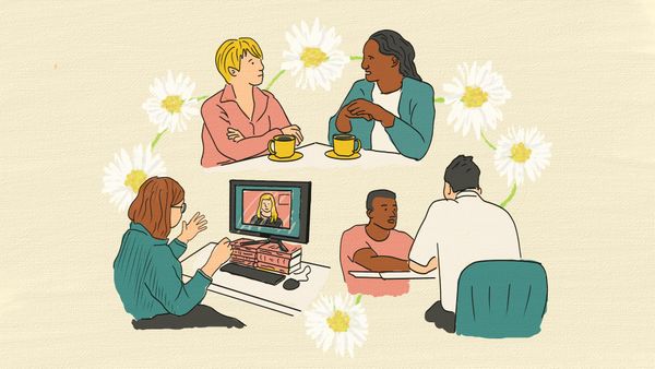 An illustration of people talking in three different settings, linked together by a daisy chain, a metaphor for how peer supervision works