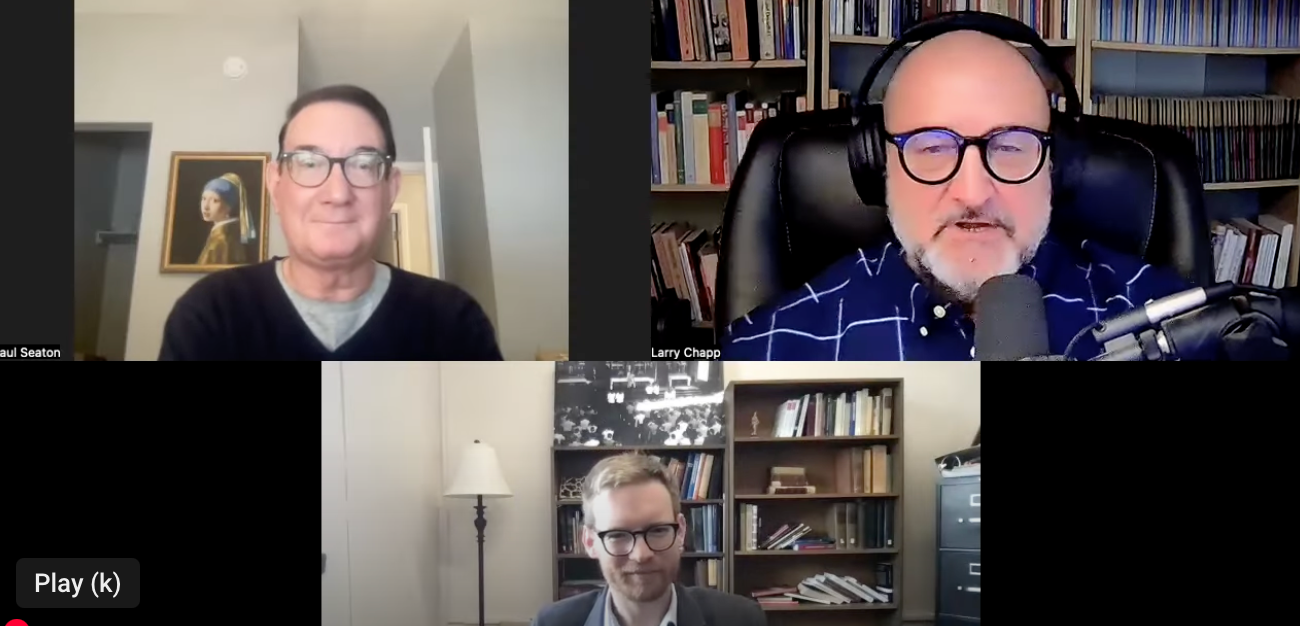 Patrick Jones, Paul Seaton, and Larry Chapp discuss the concept of "political form" in the thought of Pierre Manent