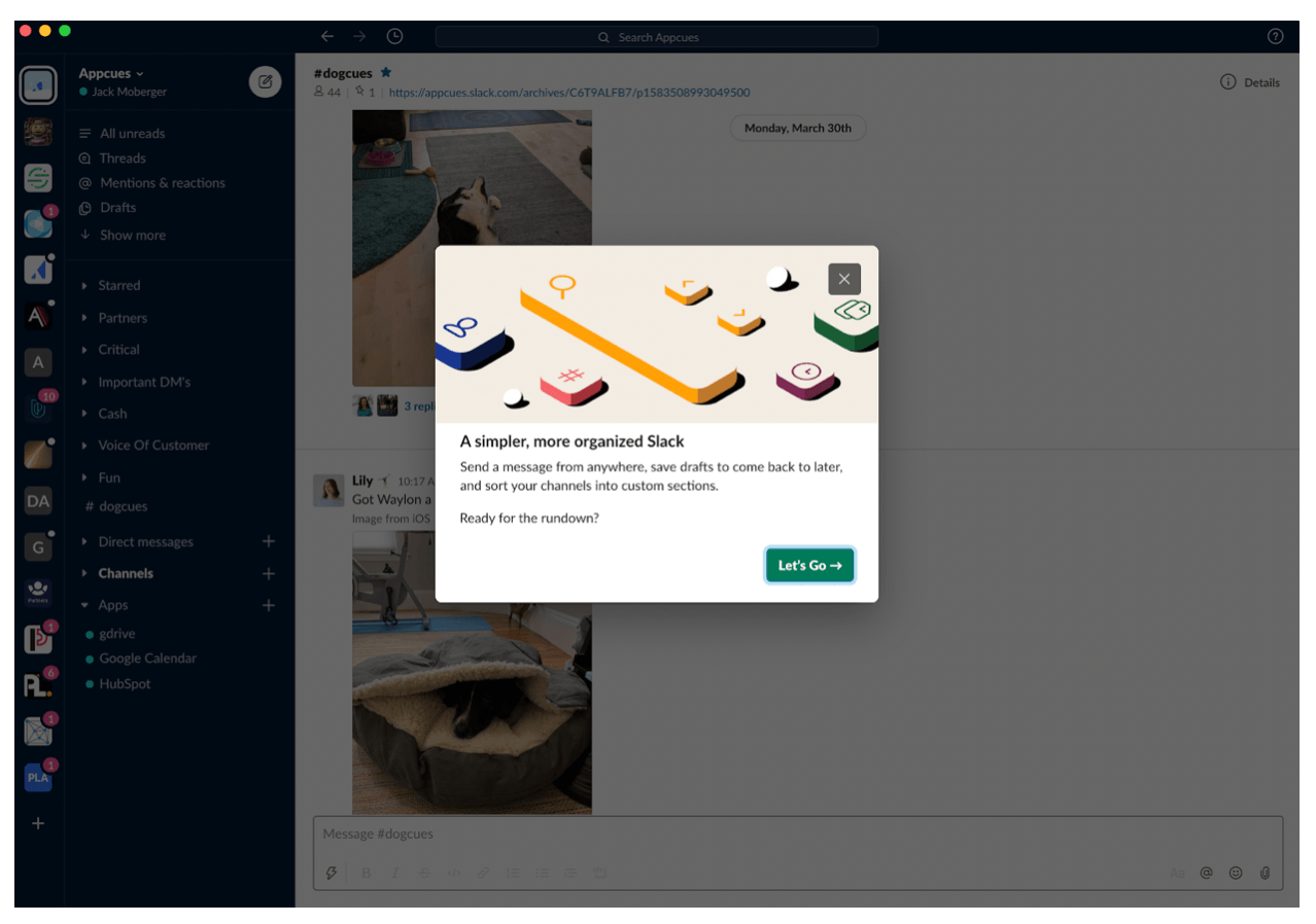 Slack are one of many companies who use in-app messaging for product tours.