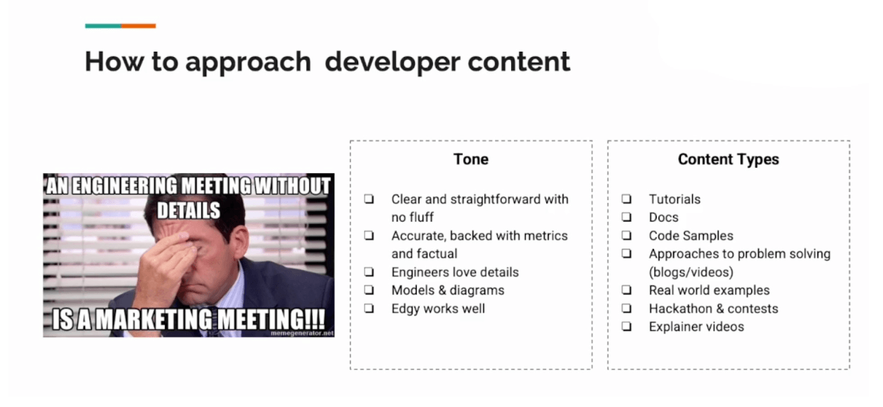 When creating content for developers, tone matters. Developers love details. They are very metrics-driven, and marketing claims need to be backed by either benchmark tests or credible proof from industry bodies.