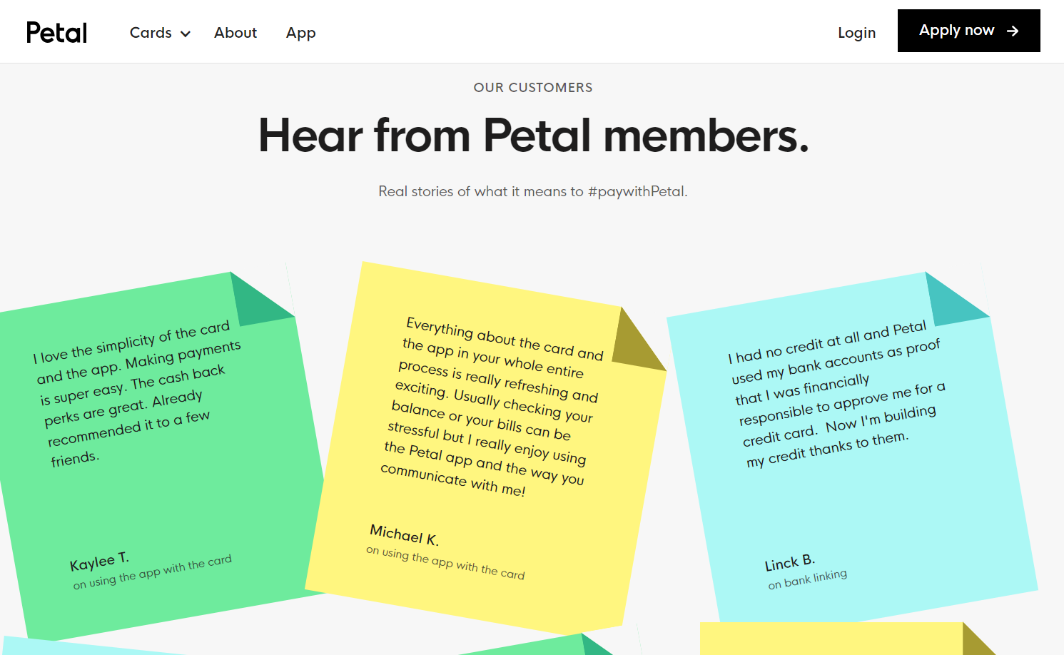 Petal's homepage is an example of how Webflow can be used to incorporate custome testimonials on key landing pages.