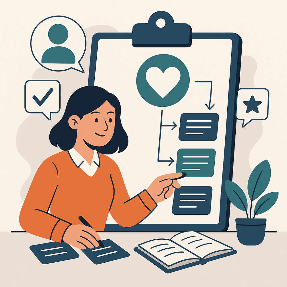 Illustration of a woman designing a messaging framework on a clipboard flowchart, with icons symbolizing audience, preferences, and feedback.