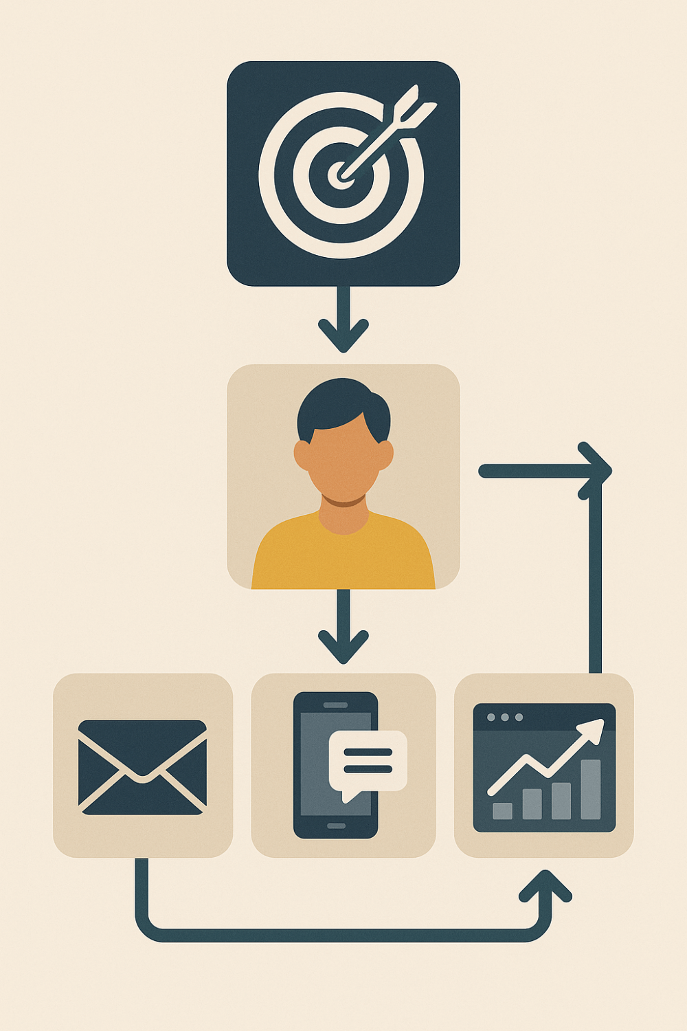Flowchart showing a targeted marketing approach leading to customer engagement via email, mobile messages, and analytics, with a feedback loop to refine targeting.