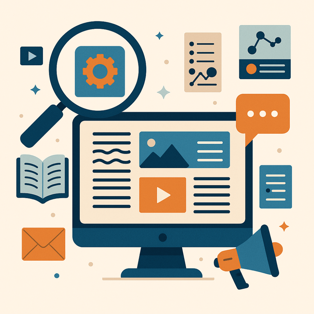 Illustration of content marketing strategy with a desktop monitor displaying diverse content types, surrounded by icons representing research, analytics, communication, and promotion.