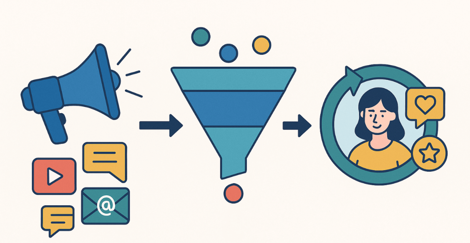 Flowchart showing a targeted marketing approach leading to customer engagement via email, mobile messages, and analytics, with a feedback loop to refine targeting.
