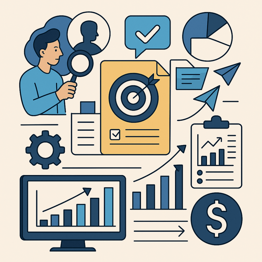 Illustration of performance product marketing strategy, featuring a person analyzing customer profiles, campaign targeting, financial metrics, and data-driven optimization tools.