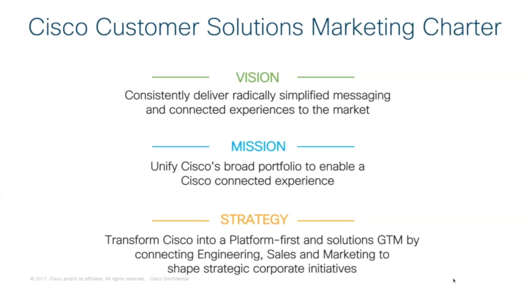 Title that says Cisco Customer Solutions Marketing Charter, then the first header says "vision" and underneath it says consistently deliver radically simplified messaging and connected experiences to the market, the second header says "mission" and says unify cisco's broad portfolio to enable a cisco connected experience, the last says "strategy" and underneath says transform Cisco into a platform-first and solutions GTM by connecting Engineering, Sales and Marketing to shape strategic corporate initiatives.