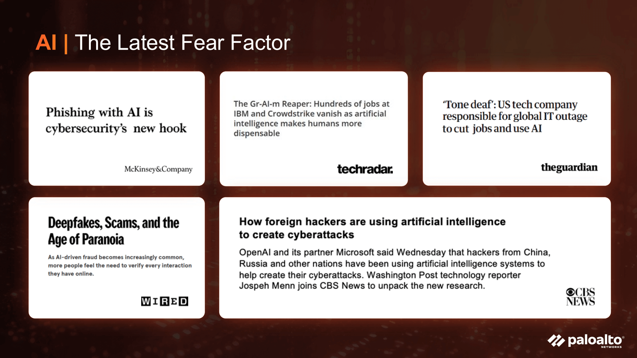 A slide graphic titled "AI: The Latest Fear Factor" showing five news headlines related to the risks and job concerns associated with artificial intelligence, such as deepfakes and AI-driven cyberattacks.