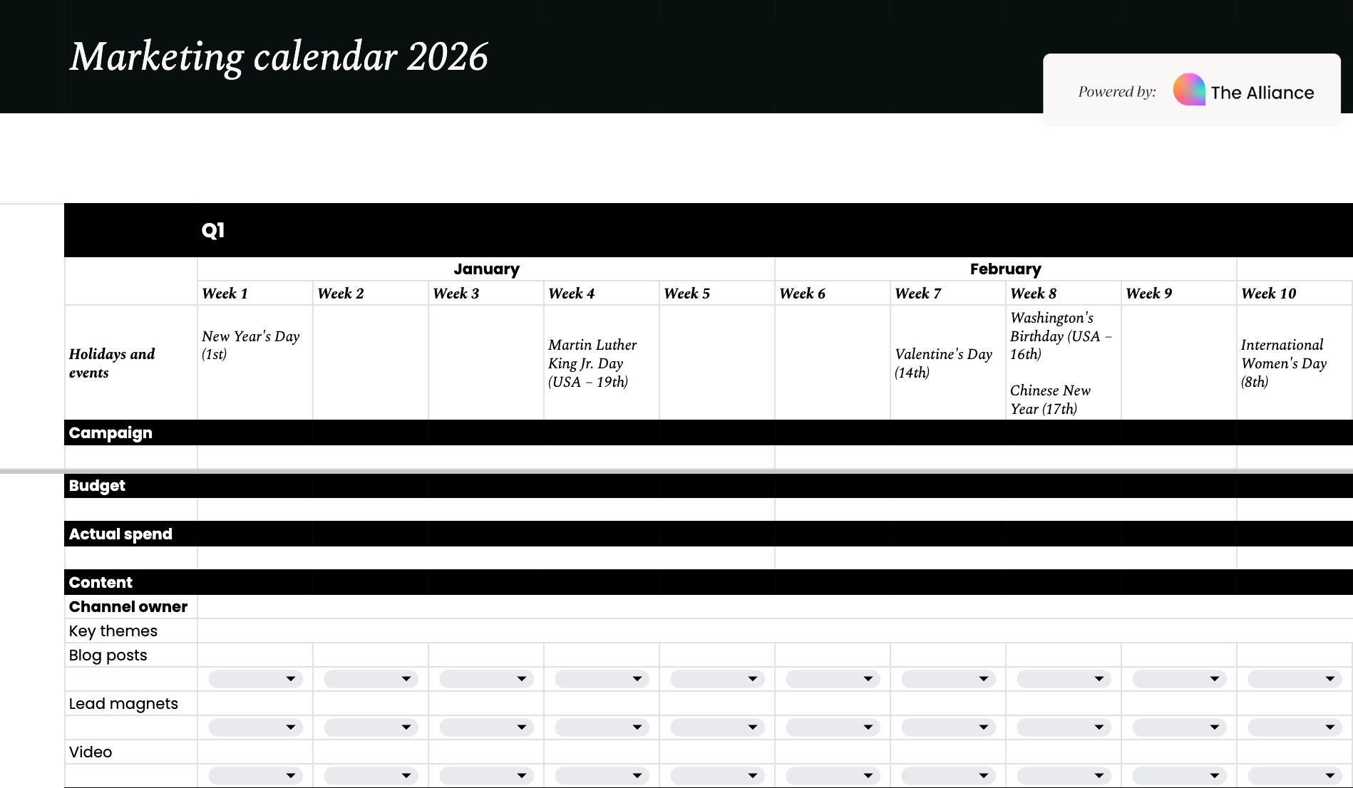 Marketing calendar template 2026