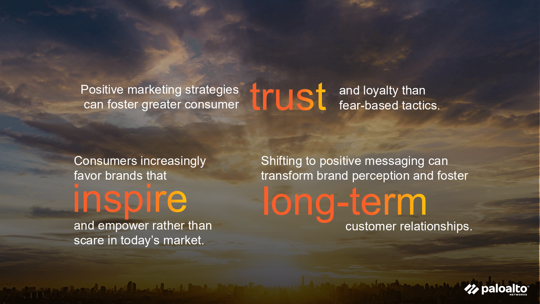 A slide graphic on a cloudy, sunrise background stating that "Positive marketing strategies can foster greater consumer trust and loyalty" and that consumers favor brands that "inspire and empower."