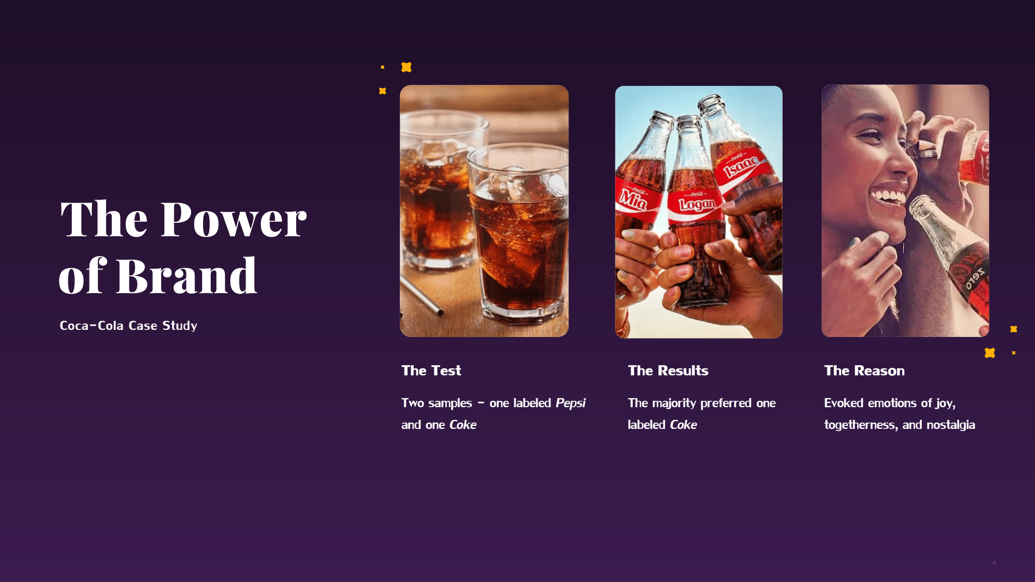 A slide titled 'The Power of Brand: Coca-Cola Case Study,' showing three images: two glasses of soda, hands toasting with classic Coke bottles, and a person laughing while holding a Coke bottle. Text details a study where people preferred Coke when labeled as such, attributing it to emotions of joy and nostalgia.