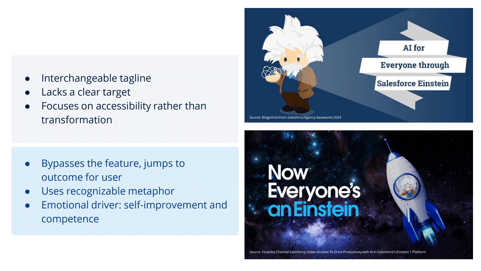 A comparison of two Salesforce AI taglines showing “AI for everyone through Salesforce Einstein” illustrated with a cartoon Einstein, contrasted with “Now everyone’s an Einstein” accompanied by a rocket-themed graphic and bullet points explaining why the second tagline is more effective.