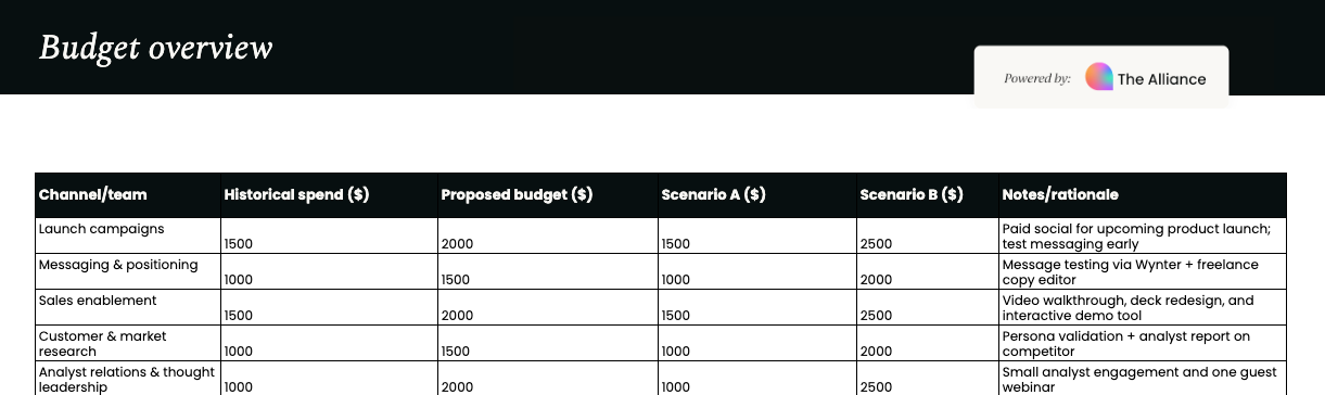 Product marketing budget allocation template