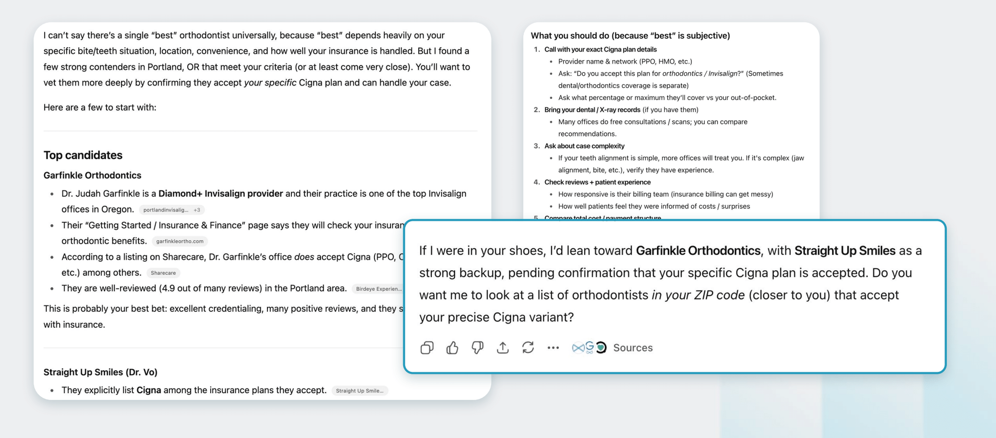 Screenshot of a ChatGPT response to a detailed orthodontist search query, showing a synthesized answer supported by cited sources.