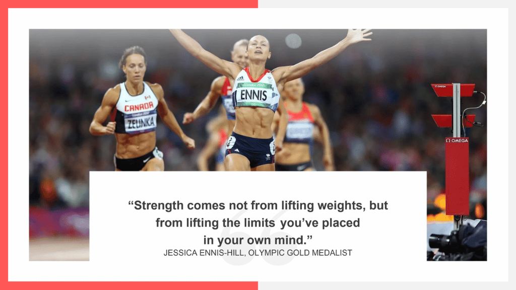 Photo of Jessica Ennis Hill running with her arms raised victoriously, with the quote “Strength comes not from lifting weights, but from lifting the limits you've placed in your own mind.”