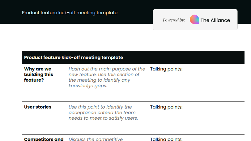 Product feature kick-off meeting template