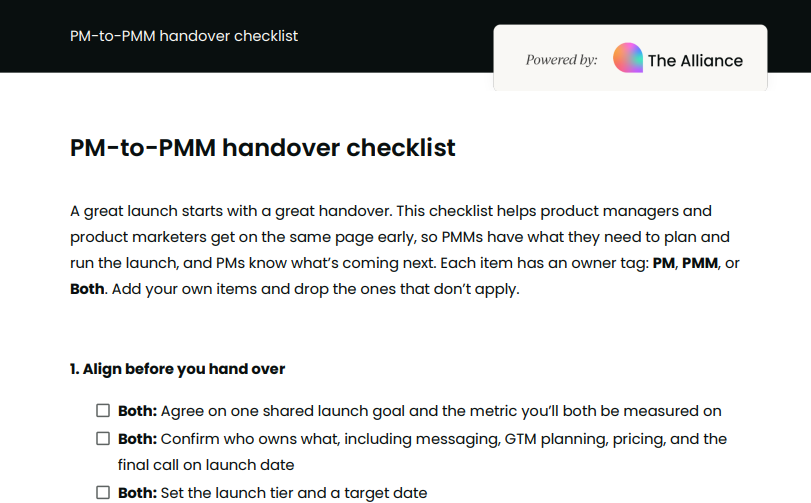 PM-to-PMM handover checklist