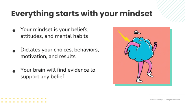 Slide titled "Everything starts with your mindset". with a cartoon-style drawing of a blue cloud with a baseball cap an pick arms and legs. The cloud is walking dynamically. Three bullet points read "Your mindset is your beliefs, attitudes, and mental habits." "Dictates your choices, behaviors, motivation, and results." "Your brain will ﬁnd evidence to support any belief"