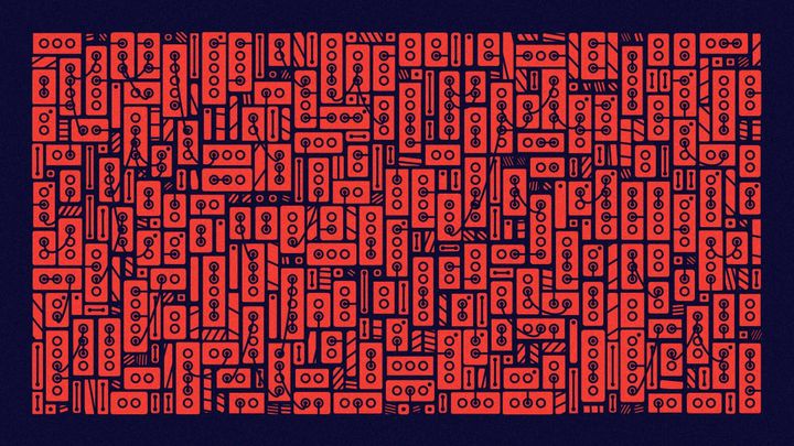 Abstract irregular grid of rectangles that are connected with wires.